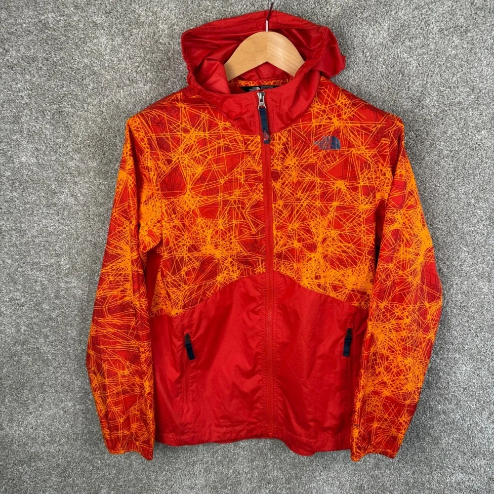 The North Face Boys XL 18/20 Red Orange Scribble Print Hooded Windbreaker Jacket